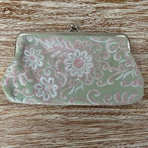 Clutch bag -mint green with silver & pink flowers